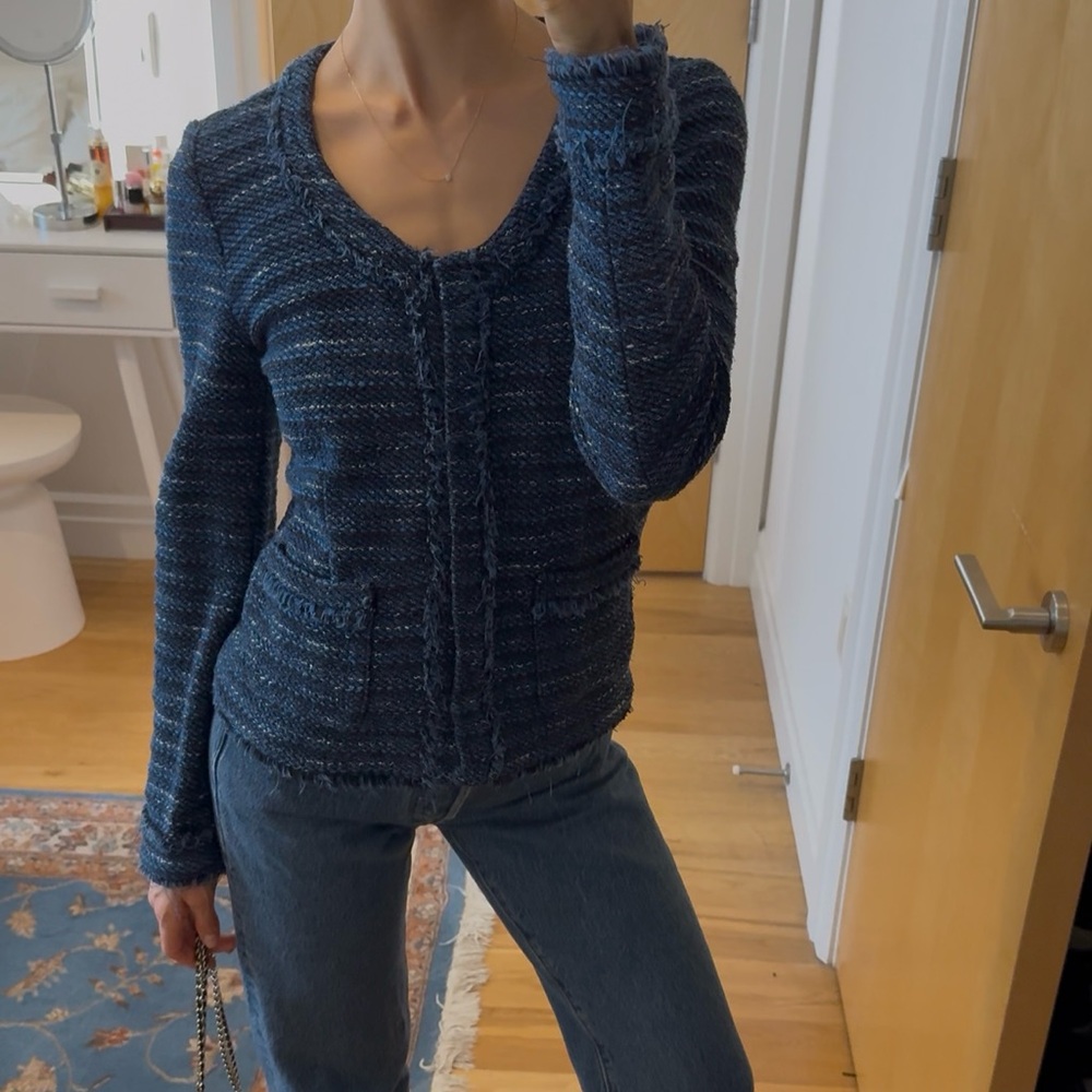 Blue Textured Tweed Jacket Blazer Open Front Fringe Trim Cotton Blend Size M